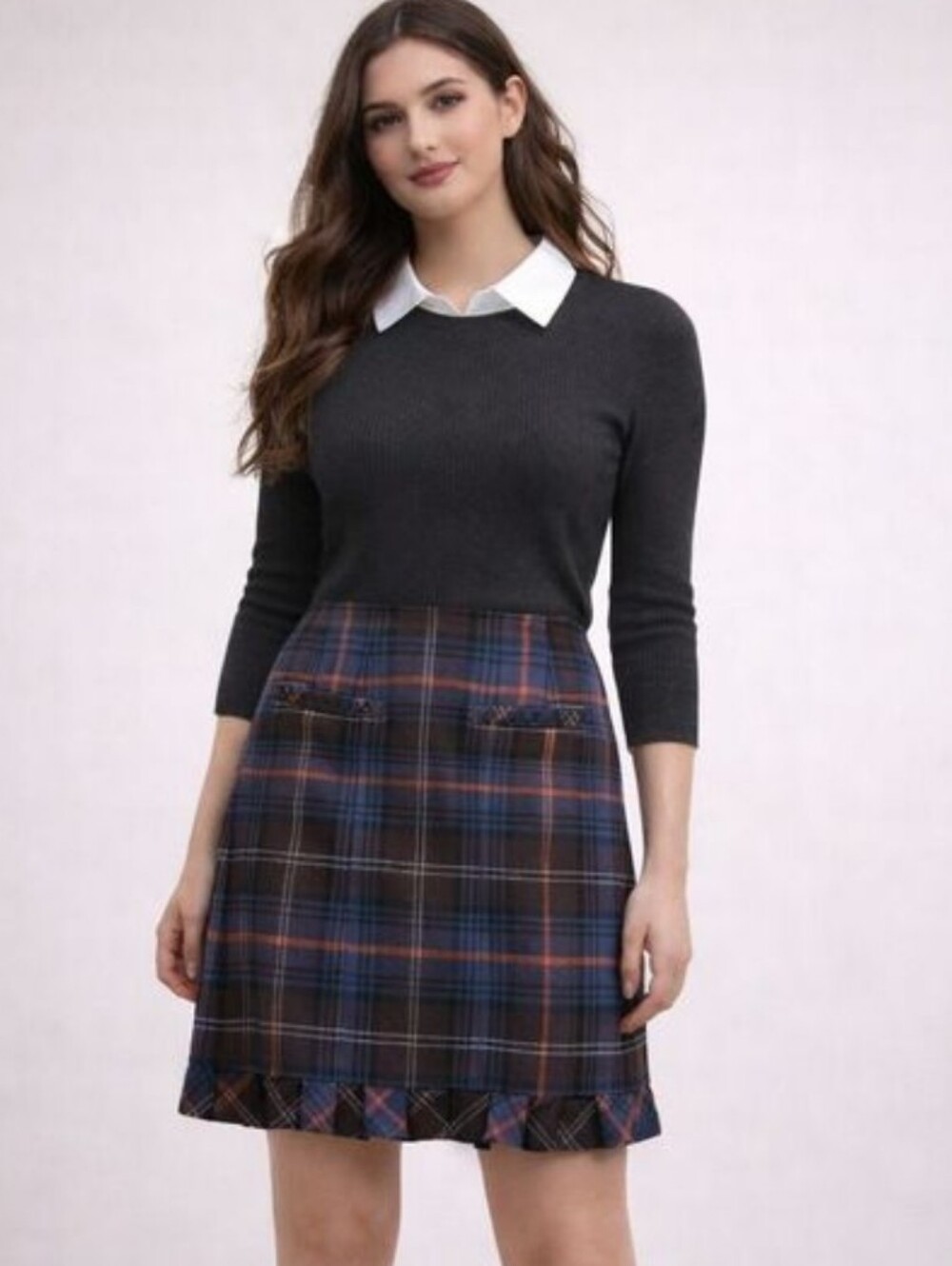 CAbi Plaid Fitted Mini Skirt Faux Front Pockets Pleated Kick Hem Back Zip Size 6